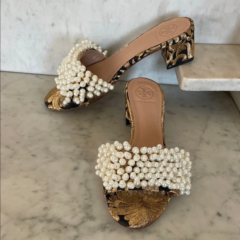 TORY BURCH Tatiana White Pearl Black Gold Brocade Slides Sandal 6M